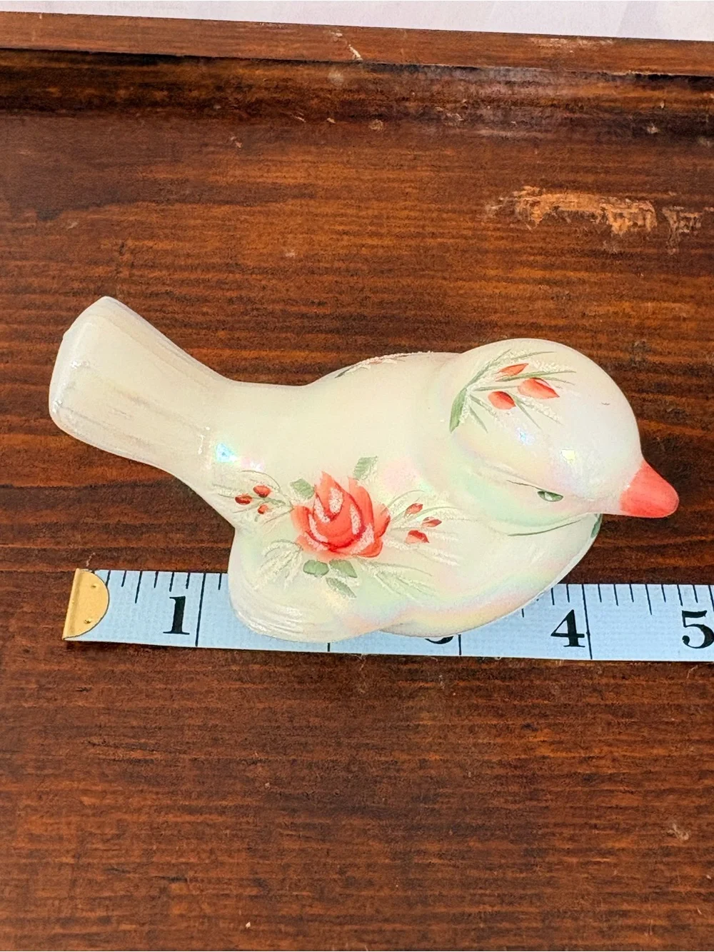 Fenton Iridescent White Ceramic Bird with Opalescent Shine and Painted Roses